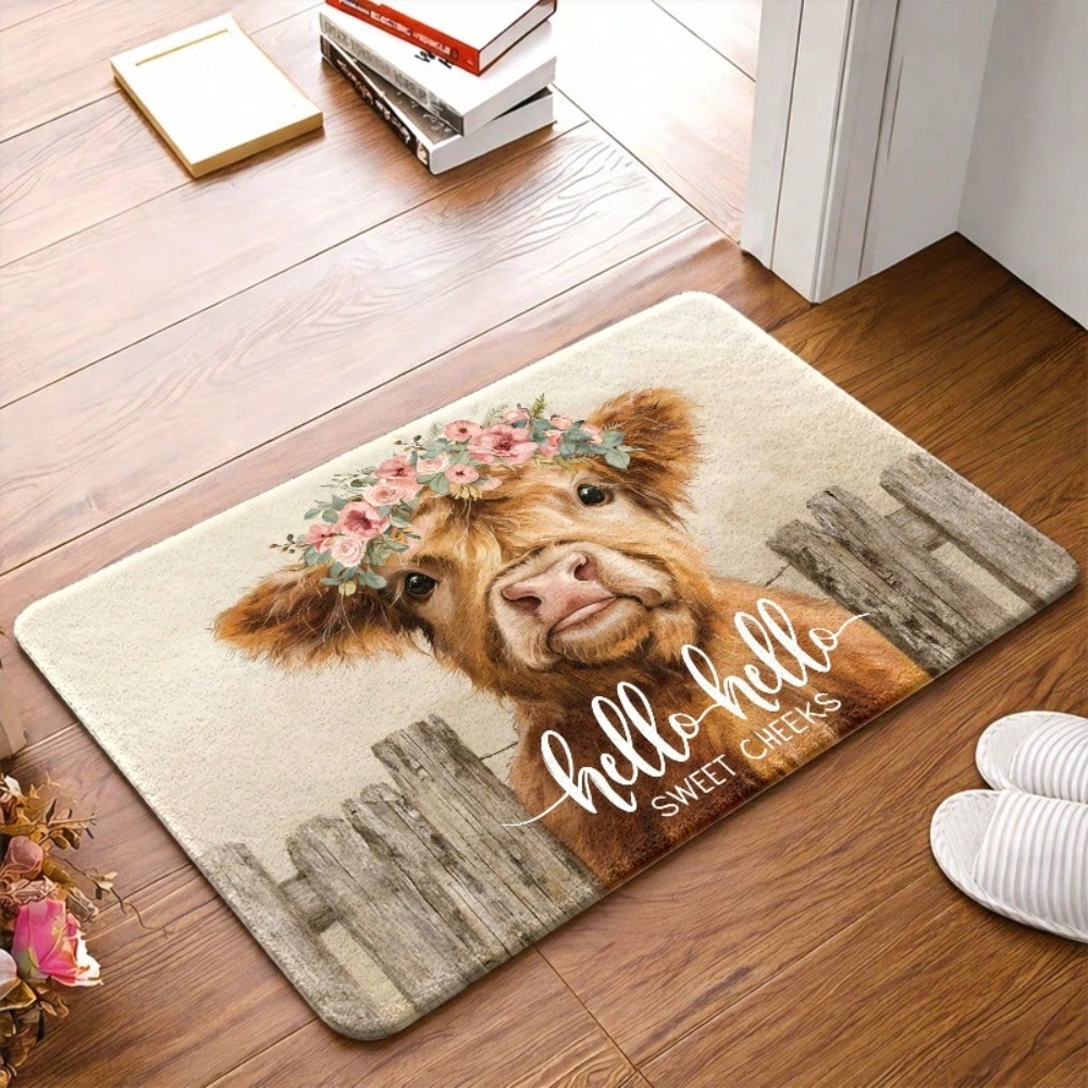 Cow Mat Rubber - 1PC, Cute Highland Cow with Flower