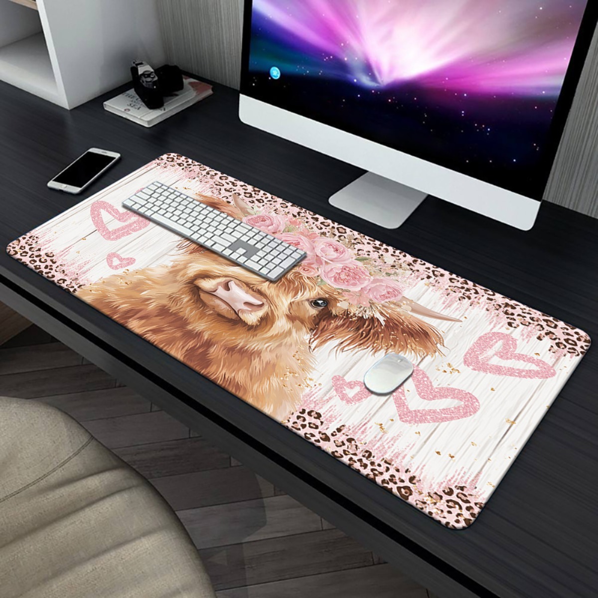 Highland Cow Desk Mat Pink Flo - Cow Mat Rubber 评论和价格